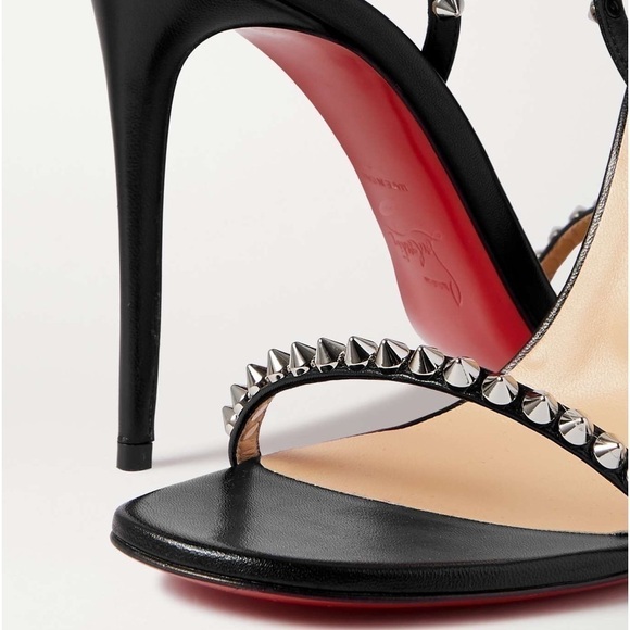 CHRISTIAN Louboutin Mafaldina 100mm silver spikes sandals EU38.5 Napa black lthr - Picture 8 of 12